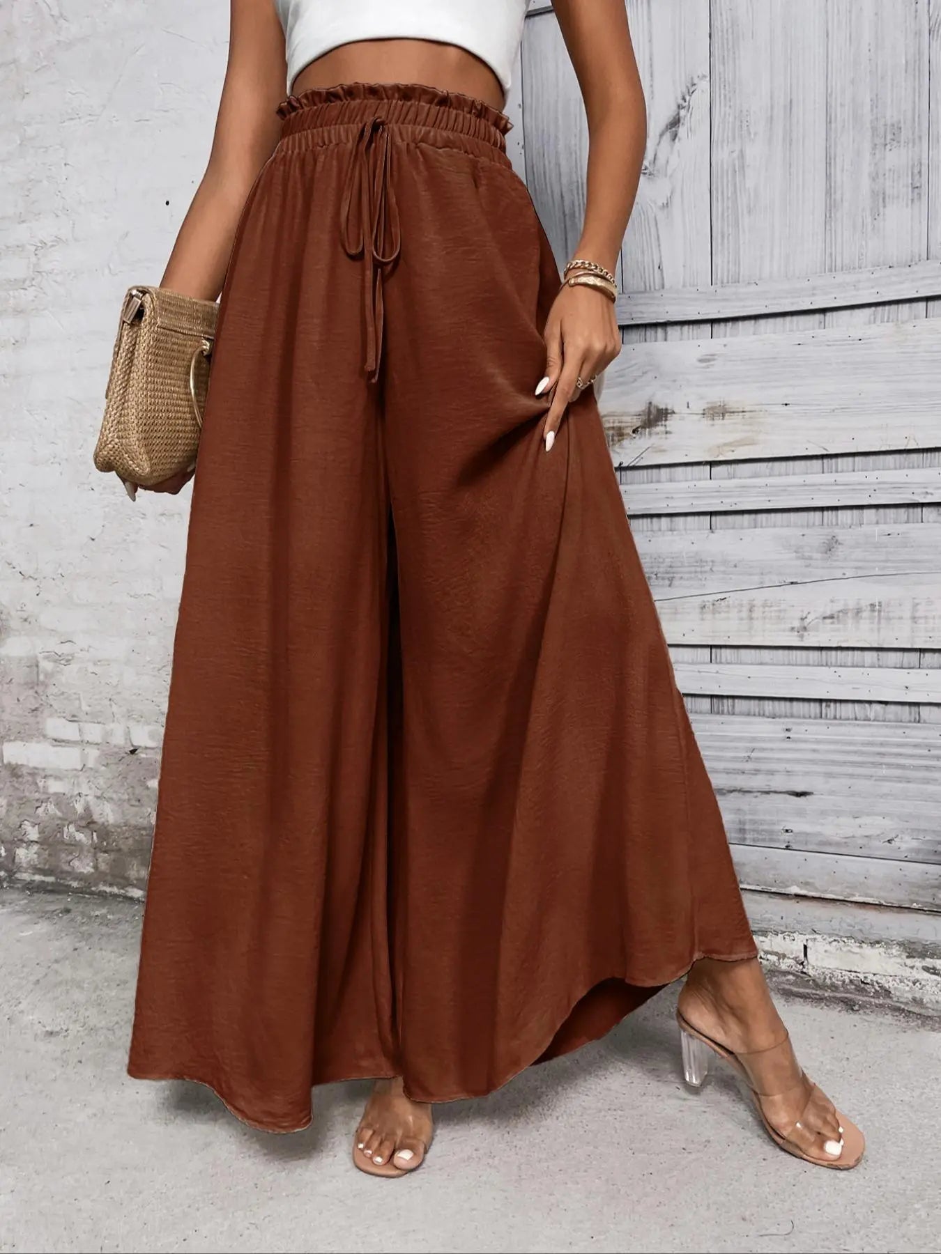 Women'S Plain Paper Bag Waist Tie Front Wide Leg Pants, Summer Clothes Women Casual High Waist Trousers for Summer, Women'S Bottoms for Daily Wear, Summer Outfits