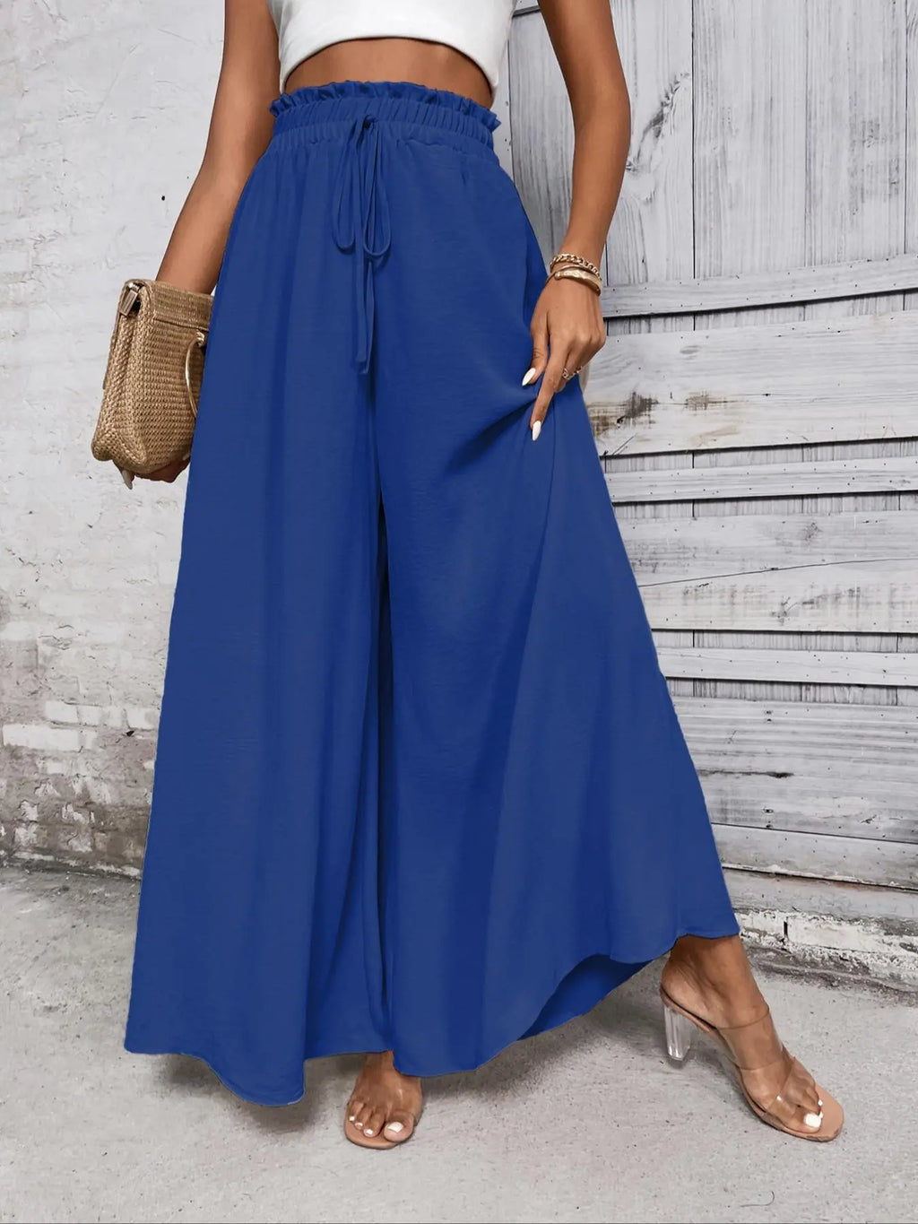 Women'S Plain Paper Bag Waist Tie Front Wide Leg Pants, Summer Clothes Women Casual High Waist Trousers for Summer, Women'S Bottoms for Daily Wear, Summer Outfits