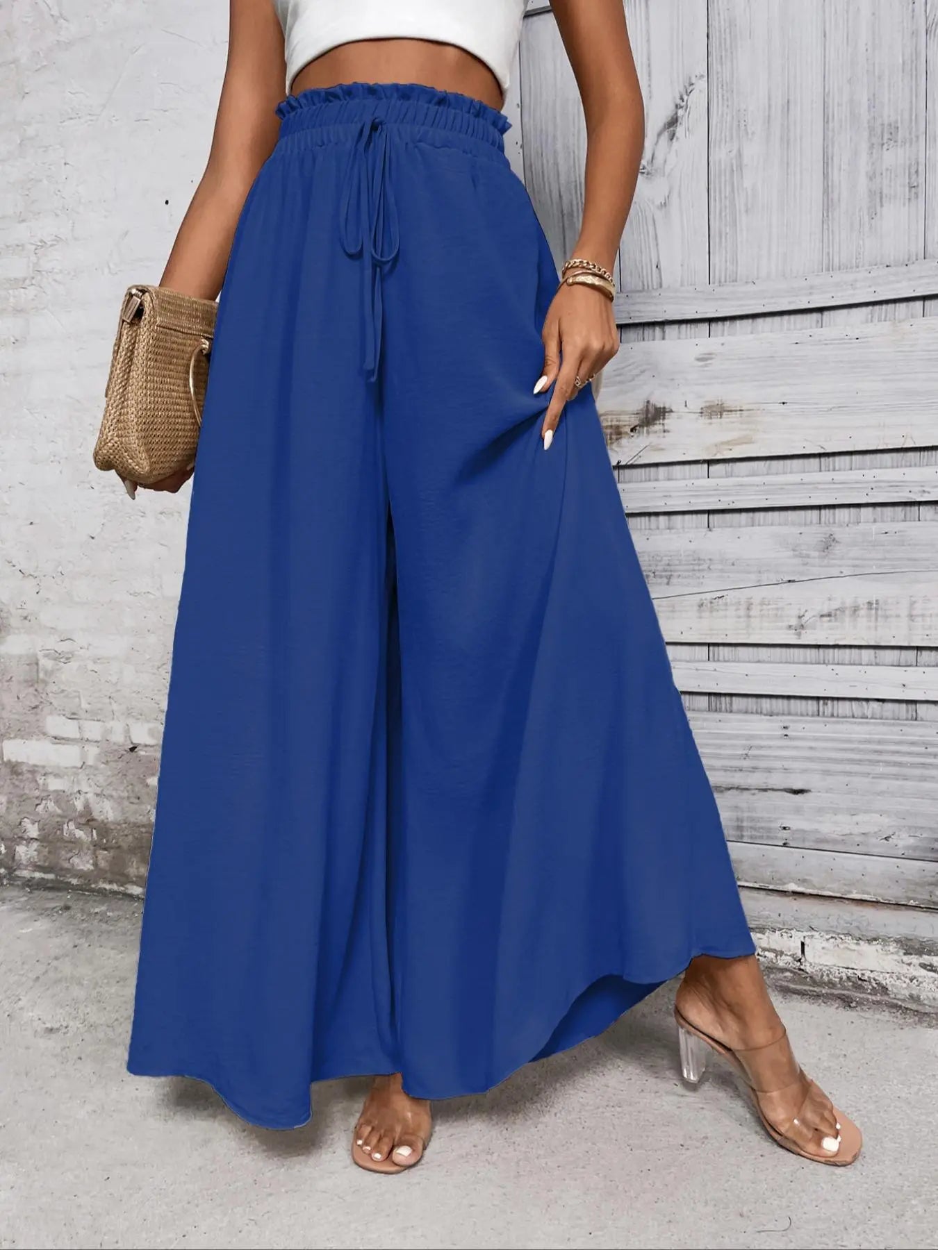 Women'S Plain Paper Bag Waist Tie Front Wide Leg Pants, Summer Clothes Women Casual High Waist Trousers for Summer, Women'S Bottoms for Daily Wear, Summer Outfits