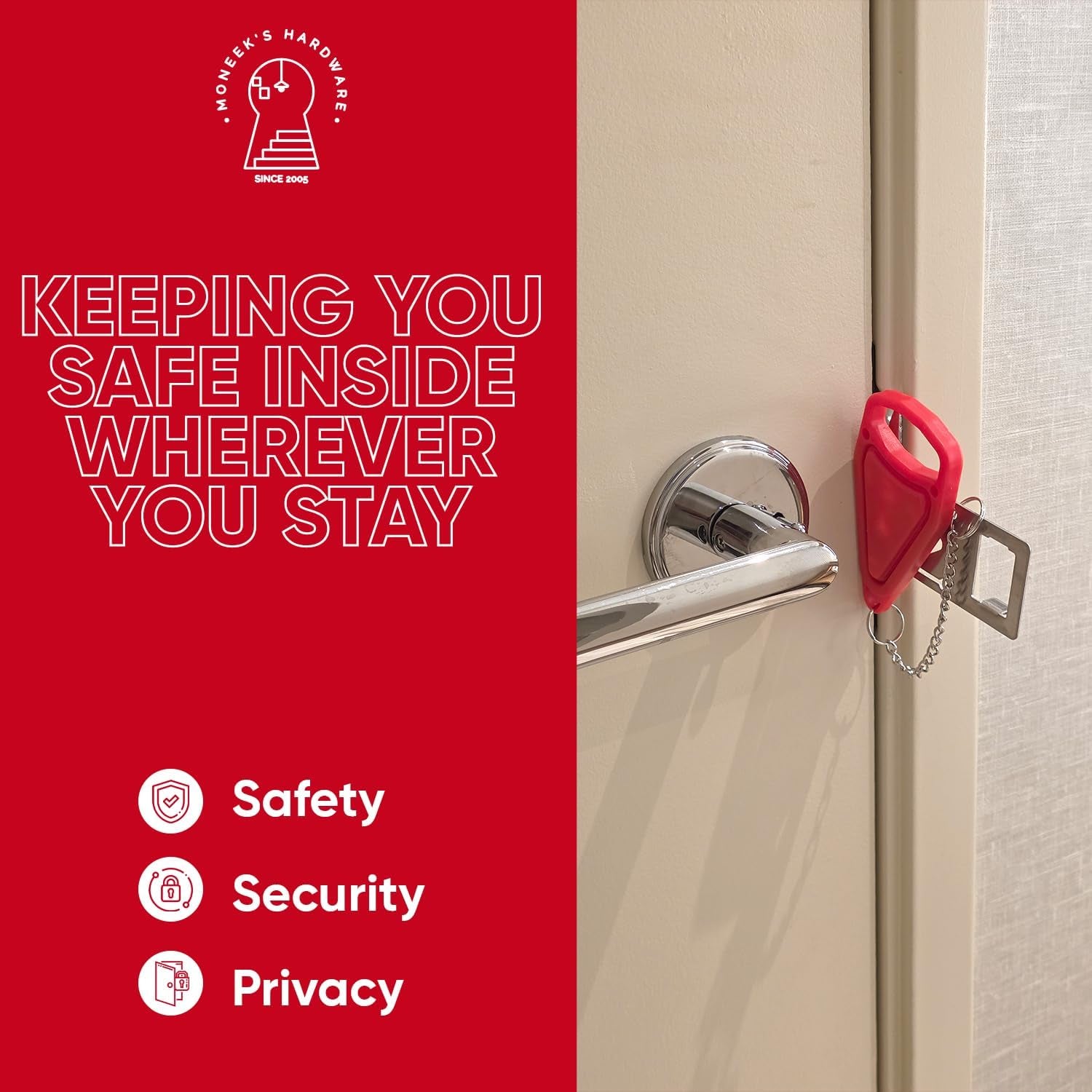 Portable Door Lock Extra Security Essential Safety & Privacy Travel Lockdown, Prevent Entry Stopper, Protect Family While Traveling Home Bedroom Hotel Apartment College (2 Pack (Red and Black))