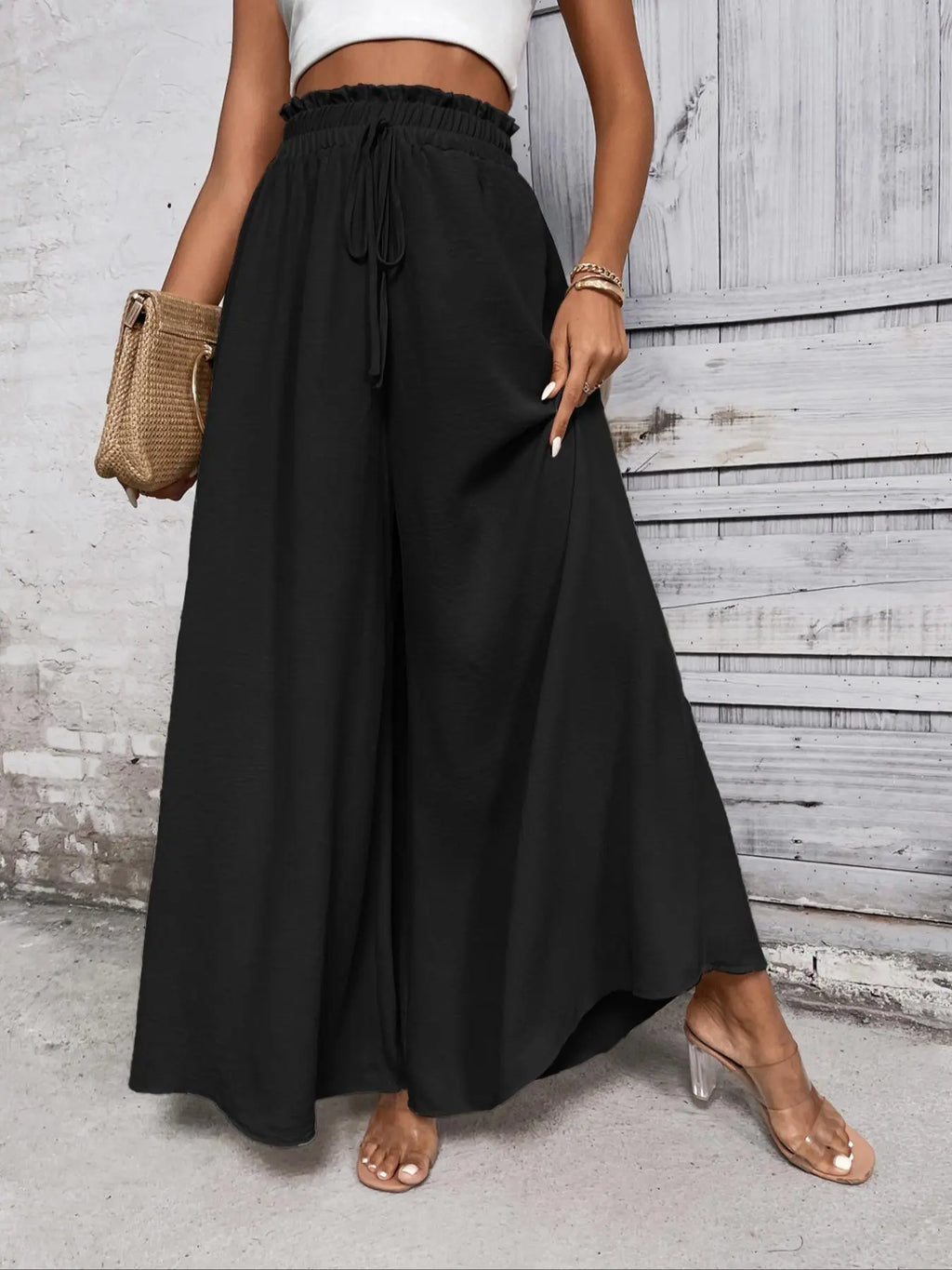 Women'S Plain Paper Bag Waist Tie Front Wide Leg Pants, Summer Clothes Women Casual High Waist Trousers for Summer, Women'S Bottoms for Daily Wear, Summer Outfits