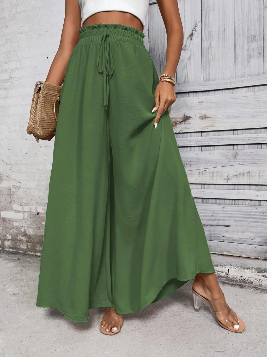 Women'S Plain Paper Bag Waist Tie Front Wide Leg Pants, Summer Clothes Women Casual High Waist Trousers for Summer, Women'S Bottoms for Daily Wear, Summer Outfits