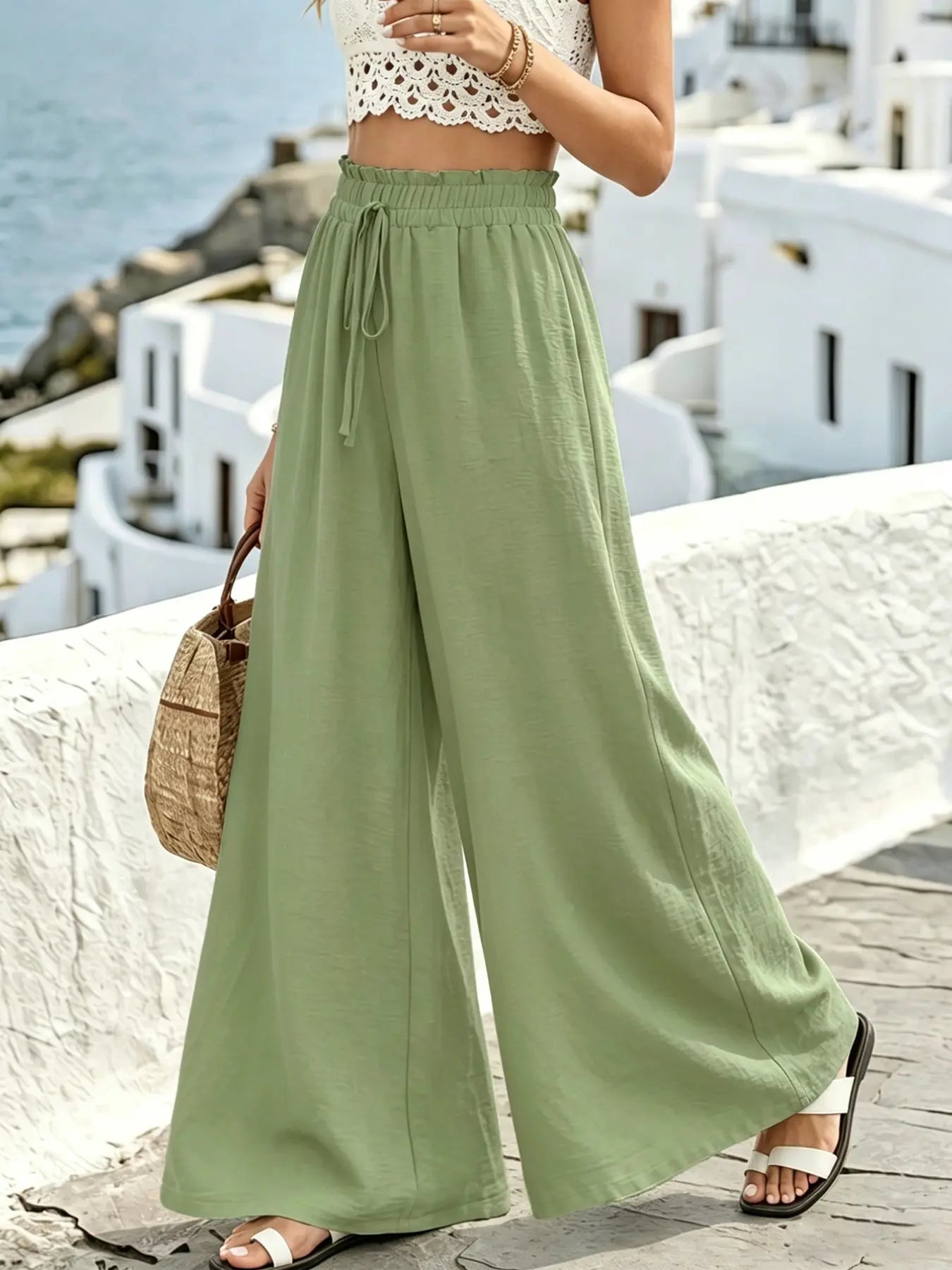 Women'S Plain Paper Bag Waist Tie Front Wide Leg Pants, Summer Clothes Women Casual High Waist Trousers for Summer, Women'S Bottoms for Daily Wear, Summer Outfits